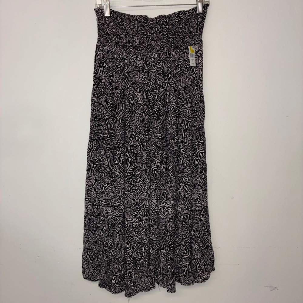 334 Angie Maxi Skirt L Black White Paisley Smocked Waist Rayon Boho NWT